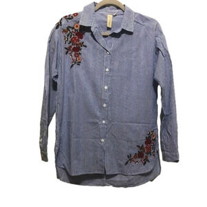 𝅺allison Joy Stripe Embroidered Floral Button Down Long Sleeve Shirt Size Small